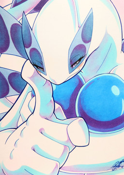 anthro blue_body blue_eyes blue_skin blush blush_lines breasts eyelashes featureless_breasts female looking_at_viewer narrowed_eyes solo white_body white_skin 025aki nintendo pokemon generation_2_pokemon legendary_pokemon lugia pokemon_(species) 2023 absurd_res dated hi_res signature