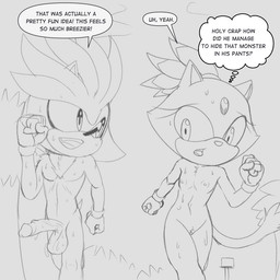 anthro asking asking_how asking_self bodily_fluids clothing describing_genitalia describing_penis describing_size detailed_background dialogue duo female footwear genitals gloves handwear humanoid_genitalia humanoid_penis inner_monologue looking_at_genitalia looking_at_penis male mostly_nude nature penis penis_awe question running shoes speech_bubble sportswear surprised sweat talking_to_another text thinking thought_bubble fourssss sega sonic_the_hedgehog_(series) blaze_the_cat silver_the_hedgehog domestic_cat eulipotyphlan felid feline felis hedgehog mammal 1:1 english_text