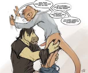 anthro anthro_on_anthro black_hair bottomwear bottomwear_down brown_body brown_fur butt clothed clothing dialogue duo erection eyewear flat_butt food fur genitals glasses hair male male/male pants pants_down partially_clothed penis shirt speech_bubble tan_body tan_fur text topwear wearing_glasses slate simon_(tempo) tanner_(tempo) equid equine horse mammal mustelid musteline true_musteline weasel english_text