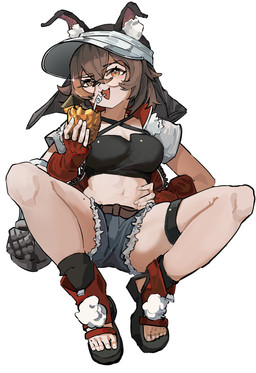 belt bottomwear breasts brown_eyes brown_hair clothed clothing denim denim_bottomwear denim_clothing denim_shorts eyewear female fingerless_gloves food fruit glasses gloves hair handwear hat headgear headwear jacket leg_belt looking_at_viewer mole_on_thigh navel open_clothing open_jacket open_topwear pineapple plant rabbit_ears shorts solo topwear visor_cap pixiv_id_93232321 arknights hypergryph studio_montagne caper_(arknights) animal_humanoid humanoid lagomorph lagomorph_humanoid leporid_humanoid mammal mammal_humanoid rabbit_humanoid absurd_res hi_res