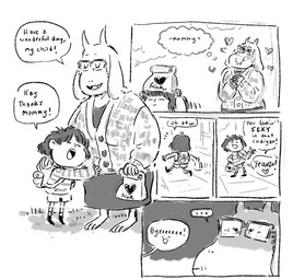 ambiguous_gender anthro backpack bag blush clothing dialogue duo eyewear female flirting glasses hug humor simple_background text hayoubi undertale undertale_(series) frisk_(undertale) toriel boss_monster_(undertale) bovid caprine human mammal comic english_text monochrome