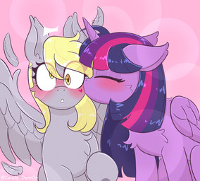 blush blush_lines derp_eyes duo eyelashes eyes_closed feathers female female/female feral heart_symbol horn kiss_on_cheek kissing long_eyelashes wings candy_dem0n friendship_is_magic hasbro my_little_pony mythology derpy_hooves_(mlp) twilight_sparkle_(mlp) equid equine mammal mythological_creature mythological_equine pegasus winged_unicorn absurd_res hi_res