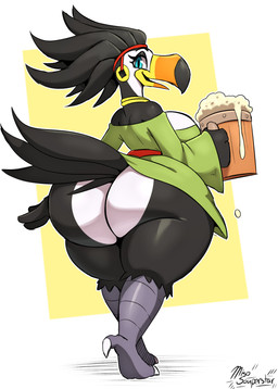 anthro beak beer_mug big_breasts big_butt black_beak black_body black_feathers black_hair bottomless breasts butt claws clothed clothed_anthro clothed_female clothing feathers feet female female_anthro green_clothing green_shirt green_topwear hair huge_breasts huge_butt huge_thighs looking_at_viewer looking_back multicolored_beak non-mammal_breasts orange_beak rear_view scuted_legs scutes shirt smile solo standing talons thick_thighs toe_claws toes topwear walking white_body white_claws white_feathers wide_hips yellow_beak miso_souperstar avian bird toucan 2026 absurd_res digital_media_(artwork) hi_res