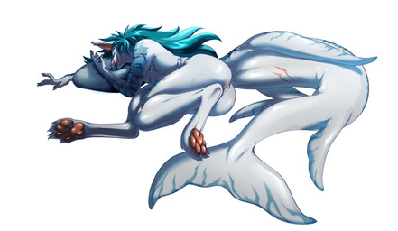 anthro anus blue_body claws feet foot_fetish fur hole_(anatomy) male pawpads paws shark_tail simple_background solo tail white_background white_body white_fur kawekku_sup canid canine fish fox hybrid mammal marine shark absurd_res hi_res