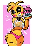 anthro beakless black_sclera border breasts duo eyelashes female fingers grin heart_eyes heart_symbol looking_at_viewer machine outline pink_background sharp_teeth simple_background smile teeth white_border white_outline wide_hips diego_mejia five_nights_at_freddy's five_nights_at_freddy's_2 scottgames cupcake_(fnaf) toy_chica_(fnaf) animatronic avian bird chicken galliform gallus_(genus) phasianid robot 2024 digital_media_(artwork)