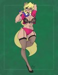 anthro bite biting_lip biting_own_lip blonde_hair blush bra clothed clothing female footwear garter_straps hair high_heels legwear navel necktie negligee open_clothing open_shirt open_topwear panties self_bite shirt shoes solo thigh_highs topwear underwear yawg hanna-barbera swat_kats callie_briggs domestic_cat felid feline felis mammal 2022 hi_res