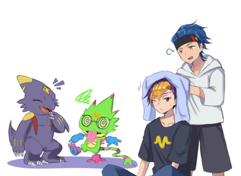 accessory anthro blue_hair eyewear glasses green_body group hair headband laugh male purple_body purple_hair smile spiral spiral_eyes towel doodledigi bandai_namco digimon digimon_beatbreak raito_souda tomoro_tenma digimon_(species) gekkomon human mammal monodramon scalie hi_res