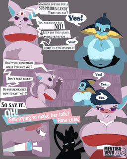 anthro big_breasts breasts clothed clothing collar female group huge_breasts neck_grab nipple_outline skimpy speech_bubble text trio mentiravevo nintendo pokemon eeveelution espeon generation_1_pokemon generation_2_pokemon generation_6_pokemon pokemon_(species) sylveon vaporeon 4:5 absurd_res comic english_text hi_res