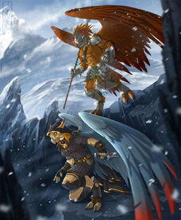 5_fingers anthro brown_body brown_feathers dagger day duo feathered_wings feathers female fingers holding_object holding_weapon male melee_weapon outside polearm sky snow spear weapon wings lizkay mythology avian gryphon mythological_avian mythological_creature 2018 digital_media_(artwork) hi_res