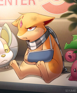 arm_cast bodily_fluids cone_of_shame crying ears_down group hospital male medical_instrument medical_sling pivoted_ears red_eyes scarf scientific_instrument sitting solo_focus tears trio seyumei nintendo pokemon ferak cherubi generation_2_pokemon generation_4_pokemon generation_8_pokemon pokemon_(species) quilava yamper