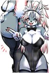 anthro big_breasts big_butt bow_tie breasts butt clothing ear_tuft eyes_closed female fishnet_clothing fishnet_legwear fur grey_body grey_fur hair kemono legwear one_piece_suit pawpads playboy_bunny ponytail simple_background smile smiling_at_viewer solo tail tuft white_background white_body white_breasts white_fur white_hair white_hands white_tail wide_hips ookamiwaho okami_bark canid canine canis mammal wolf 2:3 hi_res