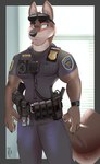 anthro blue_eyes bottomwear car_keys clothing eyewear eyewear_on_head gun handgun inside male muscular muscular_anthro muscular_male pants pistol police police_badge police_officer police_uniform ranged_weapon solo sunglasses sunglasses_on_head topwear uniform walkie-talkie weapon hinget russell_wolfson canid canine canis mammal wolf 2022 hi_res