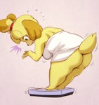 animal_crossing anthro bent_over big_breasts blush bottomless breasts butt canid canine canis clothed clothing domestic_dog emanata embarrassed female hi_res isabelle_(animal_crossing) mammal melonleaf nintendo shocked simple_background slightly_chubby solo towel towel_only weighing_scale weight_conscious