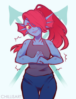 blue_body blue_skin bottomwear clothing female fist hair pants ponytail red_eyes red_hair simple_background solo topwear white_background spacecolonie undertale undertale_(series) undyne animal_humanoid aquatic aquatic_humanoid fish fish_humanoid humanoid 2015 portrait