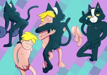 balls blonde_hair butt clothing duo exercise fur genitals green_body green_fur hair hug humanoid_genitalia humanoid_penis male male/male nude penis pubes underwear undressing weightlifting workout yellow_sclera heathenpixel rabbitcretin final_space avocato gary_goodspeed domestic_cat felid feline felis human mammal ventrexian