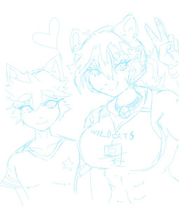 abs anthro bell bell_collar big_breasts breasts cleavage clothed clothing collar duo female gesture hair hand_gesture heart_eyes heart_symbol jersey larger_female looking_at_viewer male ponytail school_uniform shirt size_difference smile smiling_at_viewer star topwear uniform v-neck v_sign third_(artist) 90_percent_studios purrfect_apawcalypse sparky_fritz tigger_sugden canid canine canis domestic_cat domestic_dog felid feline felis mammal 2024 hi_res sketch