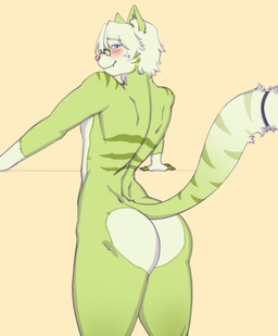 accessory anthro big_butt blue_eyes blush butt eyewear femboy fur furgonomics glasses green_body green_fur green_hair green_stripes hair inner_ear_fluff looking_at_viewer looking_back looking_back_at_viewer male markings multicolored_body nude_anthro nude_male pink_nose solo striped_markings striped_tail stripes tail tail_accessory tail_markings tailband tuft two_tone_body undercovernezha amorous seth_(amorous) domestic_cat felid feline felis mammal 2025 digital_drawing_(artwork) digital_media_(artwork)