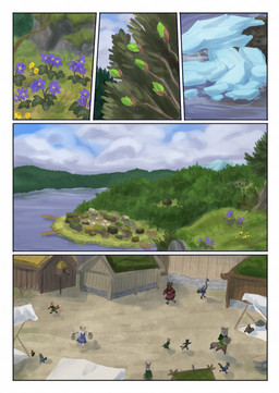 ambiguous_gender anthro blue_sky brown_body brown_fur building cloud day feral fur grass group outside plant sky time_skip town water bjekkergauken herja_(bjekkergauken) avian bird mammal suid suine sus_(pig) wild_boar 2025 colored comic hi_res