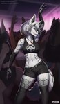 2023 anthro bottomwear breasts canid canine canis clothed clothing dancing exposure_variation eyes_closed female foxovh fully_clothed fur grey_body grey_fur grey_hair hair hi_res jennifer_nyte mammal midriff navel occult_symbol party pentagram shorts solo symbol wolf