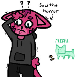 ambiguous_gender anthro battery bdsm blue_eyes bottomwear clothing confusion duo female feral fur hoodie jogging_pants magenta_body magenta_fur male markings mint_fur pants petplay pink_body pink_fur question_mark roleplay scared shaking simple_background smile striped_body striped_markings stripes text topwear traumatized white_background yoga_pants kurzaen_(artist) cache_(kurzaen) kurzaen_(character) felid feline mammal