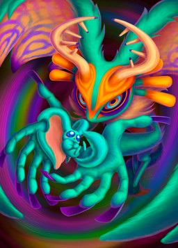 abstract_background ambiguous_gender anthro antlers big_ears biped bipedal_feral blue_eyes blush blush_stickers chest_tuft colored_nails countershade_torso countershading detailed_background digitigrade dipstick_tail duo feral fingernails fluffy fluffy_tail foreshortening front_view fur head_wings horn huge_wings long_fingernails looking_at_viewer markings mouthless multicolored_body multicolored_eyes multicolored_fur nails neck_tuft notched_ear orange_body orange_eyes orange_fur pupils purple_fingernails purple_nails purple_pupils purple_sclera semi-anthro size_difference tail tail_markings tan_body tan_fur teal_body teal_eyes teal_fur three-quarter_view tuft unusual_wing_placement wings muffin-snakes kirby_(series) kirby_and_the_forgotten_land nintendo elfilin fecto_elfilis alien chinchilla chinchillid mammal rodent starling_(kirby) 2026 digital_media_(artwork) digital_painting_(artwork) english_description full-length_portrait hi_res painting_(artwork) portrait male_(lore)