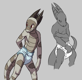 anthro brown_horn clean_diaper clothed clothing diaper diaper_only horn red_eyes simple_background solo topless wearing_diaper crackajackin flookz_(character) reptile scalie 2015 digital_media_(artwork) multiple_images