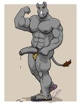 abs anthro biceps bodily_fluids border butt clothed clothing clothing_aside dripping ear_piercing erection exposed fist flexing flexing_bicep footwear foreskin genital_fluids genitals grey_background grey_body grin humanoid_genitalia humanoid_penis looking_at_viewer male manly muscular muscular_legs muscular_male navel nipples partially_retracted_foreskin pecs penis piercing precum precum_drip precum_on_ground presenting pubes sandals shoes simple_background smile solo stubble thong thong_aside thong_only topless triceps underwear underwear_aside underwear_only vein veiny_penis white_border chestnuts_(artist) mammal rhinoceros 2019