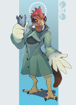 ambiguous_gender anthro avian_caruncle beak black_clothing brown_body brown_clothing brown_scales clothing comb_(anatomy) container cup dark_sclera feathers feet green_clothing head_crest holding_container holding_cup holding_object horn_ears multicolored_body orange_body orange_comb_(anatomy) orange_eyes orange_skin red_comb_(anatomy) scales simple_background solo tail tail_cover talons toes two_tone_comb_(anatomy) white_body white_feathers white_skin wingarms winged_arms wings yellow_beak speccychicken avian bird chicken galliform hybrid ichlamo phasianid absurd_res hi_res signature