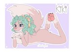 anthro blue_eyes butt feet female fluffy fluffy_tail fur green_hair hair hair_up looking_forward lying messy_hair nude on_front pawpads pink_body pink_fur pink_nose ponytail simple_background smile solo sparkles sparkling_eyes sprinkles tail toes nekopumpkin kiki_(nekopumpkin) canid canine fox mammal recolor_(disambiguation) absurd_res hi_res