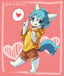 4_fingers ambiguous_gender anthro blue_eyes blue_hair blue_tail bottomwear brown_bottomwear brown_clothing brown_shorts chest_tuft clothing fingers fur hair heart_symbol hoodie inner_ear_fluff kemono licking licking_lips looking_at_viewer one_foot_raised pose shorts solo speech_bubble tail tongue tongue_out topwear tuft white_body white_ears white_fur white_inner_ear_fluff yellow_clothing yellow_hoodie yellow_topwear young young_anthro naegi teru_(naegi) 2021 digital_media_(artwork) digital_painting_(artwork) full-length_portrait hi_res portrait