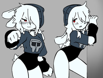 against_surface against_wall anthro arm_warmers armwear beanie blush clothing crop_top dark_clothing female hair hat headgear headwear leotard rabbit_ears red_eyes scut_tail shirt short_tail solo tail topwear white_body white_hair kopito kopito_(kopito) lagomorph mammal hi_res