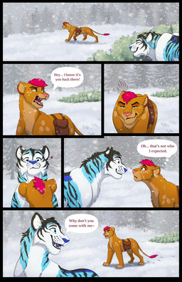 annoyed bag dialogue duo female feral fur half-closed_eyes looking_back male male/female narrowed_eyes open_mouth outside plant smile snow snowing speech_bubble striped_body stripes tail teeth text thought_bubble caraluca felid lion mammal pantherine tiger absurd_res comic digital_media_(artwork) english_text hi_res