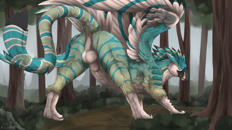 animal_genitalia anus ass_up balls beak black_claws blue_body blue_eyes blue_fur blue_stripes butt claws feathers feral forest forest_background fur genitals grass green_body green_fur looking_at_viewer male nature nature_background perineum plant presenting presenting_anus raised_tail sheath solo stripes tail tree white_balls white_body white_feathers white_fur kehreazerith mythology avian gryphon mythological_avian mythological_creature absurd_res hi_res