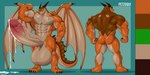 anthro balls big_balls big_penis bodily_fluids brown_back dripping flexing flexing_bicep genital_fluids genitals green_eyes horn huge_balls huge_penis hyper hyper_balls hyper_genitalia hyper_penis male muscular muscular_anthro muscular_male muscular_thighs orange_body penis precum precum_drip precum_on_ground precum_on_penis simple_background solo tail teal_background vein veiny_penis wings wolfblack43 mythology petzoqui dragon mythological_creature mythological_scalie scalie absurd_res hi_res model_sheet