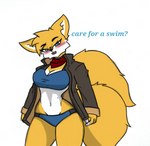 2_tails anthro bedroom_eyes big_breasts blush breasts cleavage clothed clothing crossgender female jacket kerchief mtf_crossgender multi_tail narrowed_eyes seductive small_waist solo sport_swimsuit swimwear tail thick_thighs topwear wide_hipped_female wide_hips pace-maker sega sonic_the_hedgehog_(series) miles_prower canid canine fox mammal