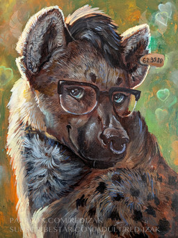 ambiguous_gender black_hair black_nose blue_eyes brown_body brown_fur ear_piercing ear_tag eyewear facial_markings facial_piercing feral fur glasses hair head_markings heart_eyes heart_symbol markings multicolored_body multicolored_fur muzzle_(marking) nose_piercing nose_ring piercing quadruped ring_piercing solo spots spotted_body spotted_fur white_body white_fur red-izak hyena mammal spotted_hyena 2024 acrylic_painting_(artwork) dated painting_(artwork) traditional_media_(artwork) traditional_painting_(artwork)