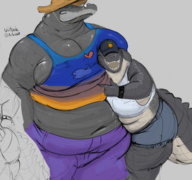 anthro big_breasts bottomwear breasts cleavage clock clothed clothing duo female fingers green_eyes hat headgear headwear huge_breasts midriff non-mammal_breasts obese obese_anthro obese_female open_mouth overweight overweight_anthro overweight_female pants pupils sharp_teeth shorts slit_pupils tail teeth thick_thighs topwear watch doctordj amelia_(doctordj) alligator alligatorid crocodilian reptile scalie hi_res signature