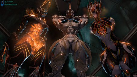 abs athletic athletic_female breasts dominant dominant_female female fire first_person_view glowing glowing_body glowing_markings group hand_behind_head hand_on_hip looking_at_viewer low-angle_view markings not_furry orange_body small_breasts small_waist thick_thighs trio wide_hips samtrix sumsmutcreator_(modeler) digital_extremes tencent warframe ember_(warframe) ember_heirloom_(warframe) biomechanical humanoid warframe_(species) 16:9 3d_(artwork) digital_media_(artwork) hi_res widescreen