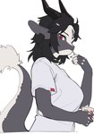 anthro biped black_body black_fur black_hair breasts clothed clothing female fur hair red_eyes solo tail recorder_(artist) mythology chabett dragon furred_dragon furred_scalie mythological_creature mythological_scalie scalie hi_res