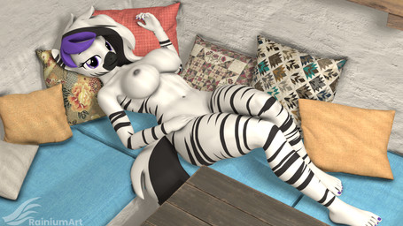 anthro breasts female grey_nipples looking_at_viewer lying navel nipples nude nude_anthro nude_female on_back pillow plantigrade purple_eyes solo white_breasts rainium hasbro my_little_pony zayla_(rainium) equid equine mammal zebra 16:9 3d_(artwork) digital_media_(artwork) hi_res source_filmmaker_(artwork) widescreen