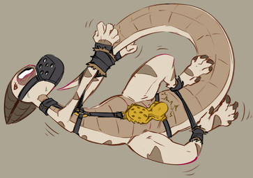 5_fingers 5_toes ankles_tied anthro bdsm biped blush bondage bound chastity_cage chastity_device claws feet fingers hands_tied harness horn long_tail male muzzle_(object) muzzled restrained simple_background solo striped_body stripes tail toes flookz flookz_(character) reptile scalie digital_media_(artwork) hi_res