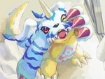 ambiguous_gender animal_skin anthro belly chibi claws detailed_background high-angle_view horn looking_at_viewer one_eye_closed red_eyes slightly_chubby solo wink yellow_body kira_dra_h bandai_namco digimon digimon_(species) gabumon 4:3 signature