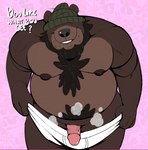 anthro beanie bear belly black_nose body_hair briefs brown_body brown_fur chest_hair clothing covered_eyes detailed_background english_text facial_hair fur genitals green_clothing green_hat green_headwear hat hat_over_eyes headgear headwear hi_res jax_(a_glitched_cat) male mammal musk nipples open_mouth penis pink_background pubes shoulder_hair simple_background slightly_chubby slightly_chubby_anthro slightly_chubby_male smile solo spazz_bear teeth_showing text tighty_whities underwear white_briefs white_clothing white_underwear