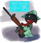 anthro black_body black_fur blush clothed clothing fn_fal fur gun hat headgear headwear holding_gun holding_object holding_ranged_weapon holding_weapon male misogyny open_mouth ranged_weapon rifle simple_background smile solo weapon sabrewolferos deltarune ralsei_with_a_gun undertale_(series) ralsei bovid caprine darkner goat mammal 2018 hi_res