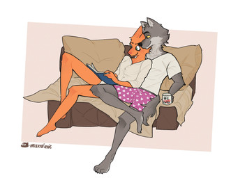 4_toes 5_fingers anthro black_nose book bottomless bottomless_female boxers_(clothing) boyfriend/girlfriend canon_couple clothed clothing coffee_mug feet female fingers fur furniture green_eyes grey_body grey_fur heart_pattern heart_print_underwear male male/female on_sofa orange_body orange_fur pillow pink_clothing pink_nose pink_underwear reading reading_book romantic romantic_couple scribbles shirt sitting sitting_on_sofa sitting_together smile sofa t-shirt tail toes topwear underwear white_clothing white_dress_shirt white_shirt white_t-shirt white_topwear yellow_eyes yellow_sclera maxnimic dreamworks the_bad_guys diane_foxington mr._wolf_(the_bad_guys) canid canine canis fox mammal red_fox true_fox wolf hi_res
