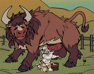all_fours animal_genitalia animal_penis anthro anthro_on_feral ball_fondling balls bell bell_collar bestiality blush bodily_fluids bottomwear bovine_ears braided_hair brown_body brown_fur brown_hooves bucket clothed clothing collar container countershading cum cum_drip cum_in_bucket cum_in_container cum_in_mouth cum_inside cum_on_face dripping duo ejaculation equine_genitalia equine_penis eyes_closed fellatio fence feral flower fondling fur genital_fluids genitals grass grey_horn hair handjob handjob_while_sucking hill holding_balls hooves horn kneeling male male/male mane markings multicolored_body navel on_ground oral orgasm orgasm_face orgasm_from_handjob outside outside_sex pants partially_clothed penile penis plant purple_spots ribbed_penis sex size_difference smile smiling_at_another spots spotted_markings tail tail_tuft tuft white_body white_fur zangusuu bovid bovine cattle mammal 2022 colored digital_drawing_(artwork) digital_media_(artwork) flat_colors sketch