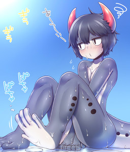anthro biped black_hair blush breasts female grey_body grey_skin hair horn looking_aside monster_girl_(genre) non-mammal_breasts sitting sky solo sun text wet white_body white_skin rantanatan scalie 2017 hi_res japanese_text