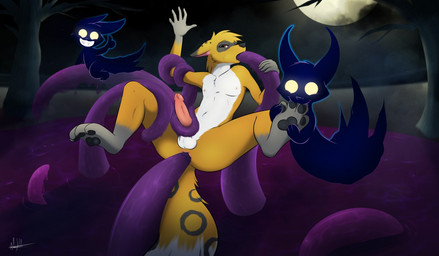 anal anal_penetration anthro anus arm_grab arms_bent balls bent_legs bite cloud double_penetration erection feet foot_fetish foot_grab foot_play forced fur fur_markings genitals gesture glowing glowing_eyes grey_body grey_fur group hand_gesture leg_grab looking_at_viewer male male_penetrated markings moon narrowed_eyes nibbling night nipples nude oral oral_penetration orange_body orange_eyes orange_fur pawpads penetration penis plant purple_slime purple_tentacles raised_hand raised_leg rape sex slime smile spread_legs spreading suspension tentacle_around_arm tentacle_around_leg tentacle_around_penis tentacle_grab tentacle_in_ass tentacle_in_mouth tentacle_penetration tentacle_sex tentacle_spitroast tentacle_suspension tentaclejob tentacles thumbs_up tree trio white_body white_fur giru_(artist) etchie canid canine fox ghost hybrid mammal procyonid raccoon spirit tentacle_creature