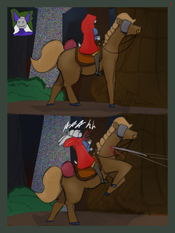 anthro attack bedroll blood bodily_fluids brown_body clothed clothing cutaway female feral forest fur gore group javelin knife male melee_weapon on_hind_legs outside plant purple_body quadruped riding saddle snuff tail thrown_weapon tree trio walking weapon white_body white_fur wounded rockpankake snuff_(rockpankake) equid equine horse lagomorph leporid mammal rabbit 2025 3:4 comic digital_media_(artwork) hi_res