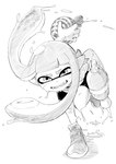 burst_bomb clothing dripping dripping_paint female footwear gun mask paintball_gun ranged_weapon running shoes smile sneakers solo splattershot water_balloon weapon shiromanta nintendo splatoon inkling_girl animal_humanoid cephalopod cephalopod_humanoid humanoid inkling marine marine_humanoid mollusk mollusk_humanoid squid_humanoid hi_res monochrome